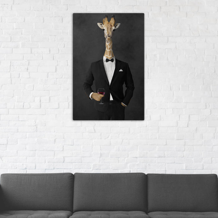 Giraffe Drinking Red Wine Wall Art - Black Suit