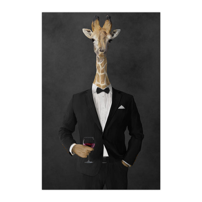 Giraffe drinking red wine wearing black suit large wall art print