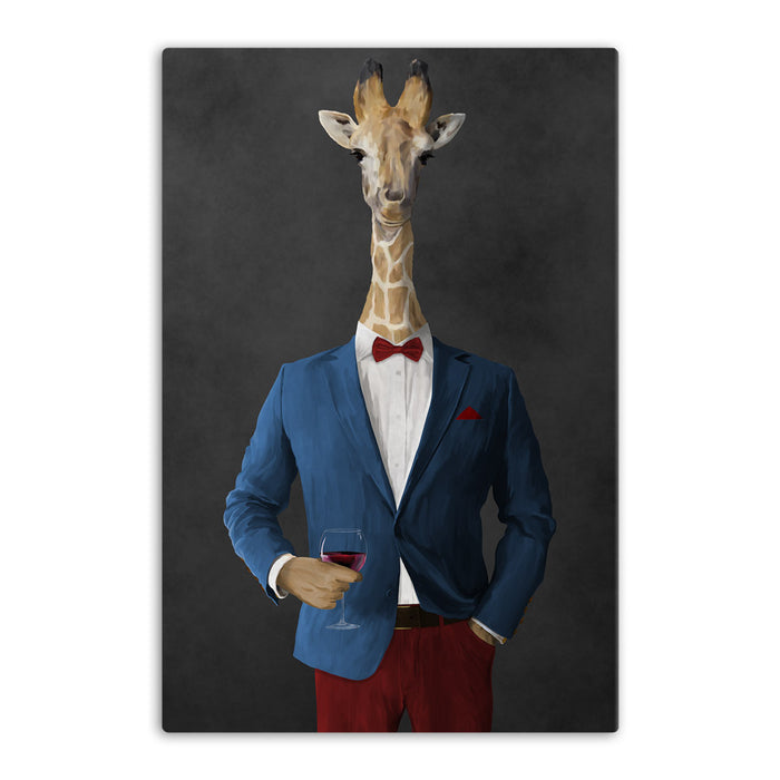 Giraffe drinking red wine wearing blue and red suit canvas wall art