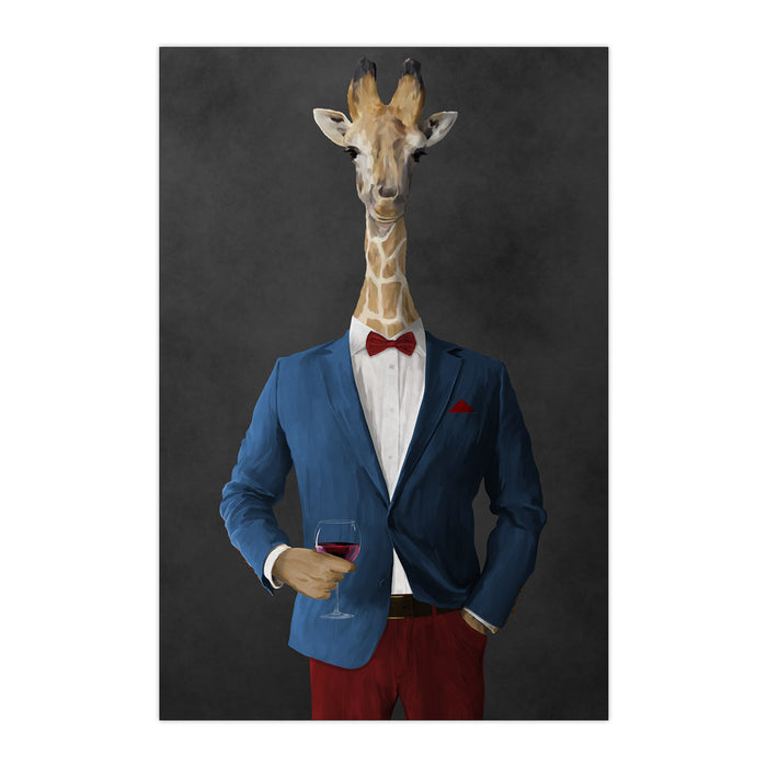 Giraffe drinking red wine wearing blue and red suit large wall art print