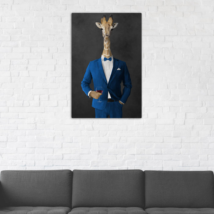Giraffe Drinking Red Wine Wall Art - Blue Suit