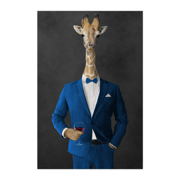 Giraffe drinking red wine wearing blue suit large wall art print