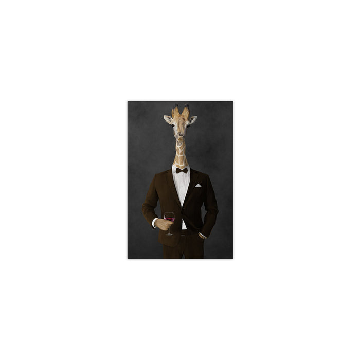 Giraffe drinking red wine wearing brown suit small wall art print