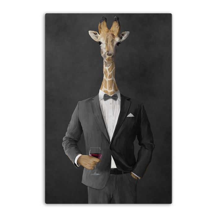 Giraffe drinking red wine wearing gray suit canvas wall art