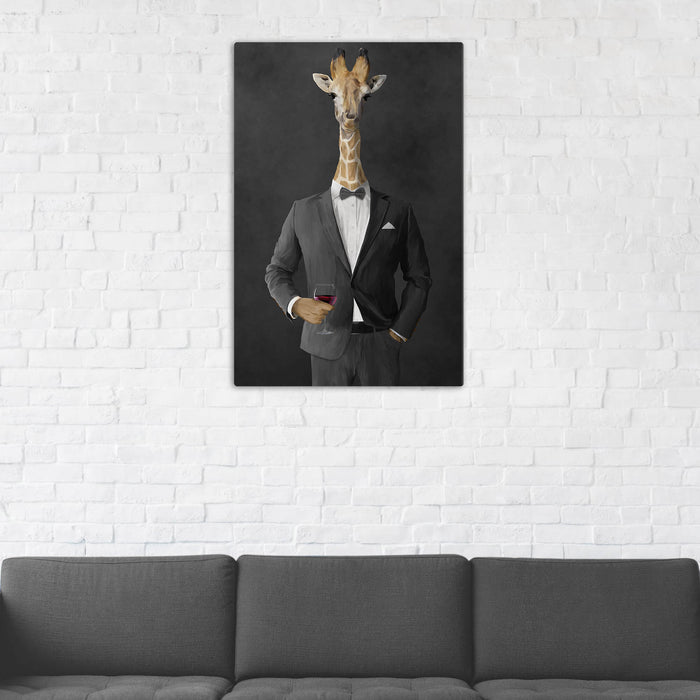 Giraffe Drinking Red Wine Wall Art - Gray Suit