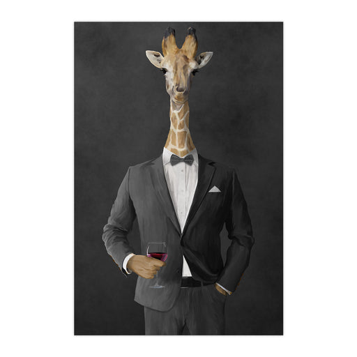 Giraffe drinking red wine wearing gray suit large wall art print