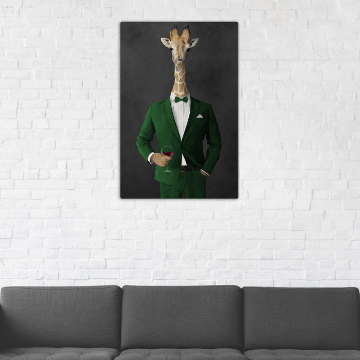 Giraffe Drinking Red Wine Wall Art - Green Suit