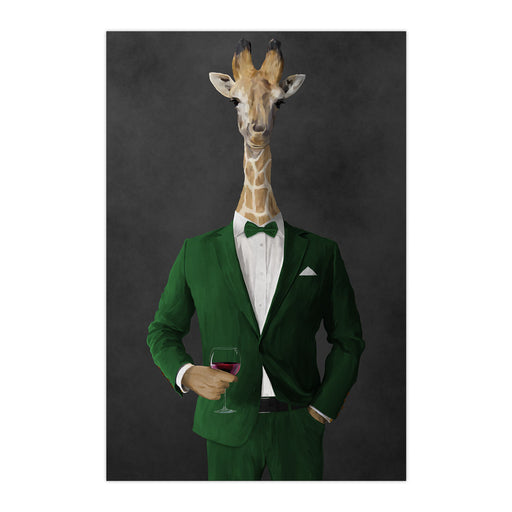 Giraffe drinking red wine wearing green suit large wall art print