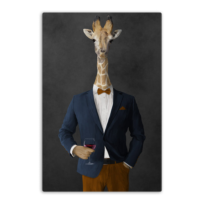 Giraffe drinking red wine wearing navy and orange suit canvas wall art