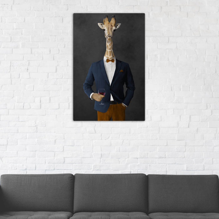 Giraffe Drinking Red Wine Wall Art - Navy and Orange Suit