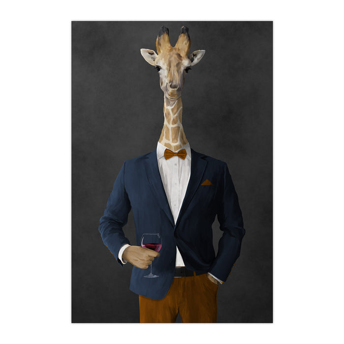 Giraffe drinking red wine wearing navy and orange suit large wall art print