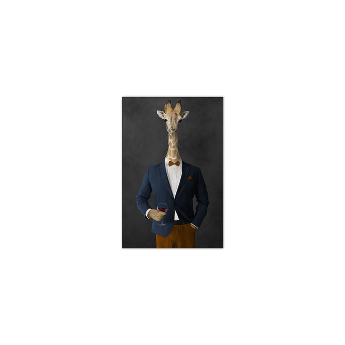 Giraffe drinking red wine wearing navy and orange suit small wall art print