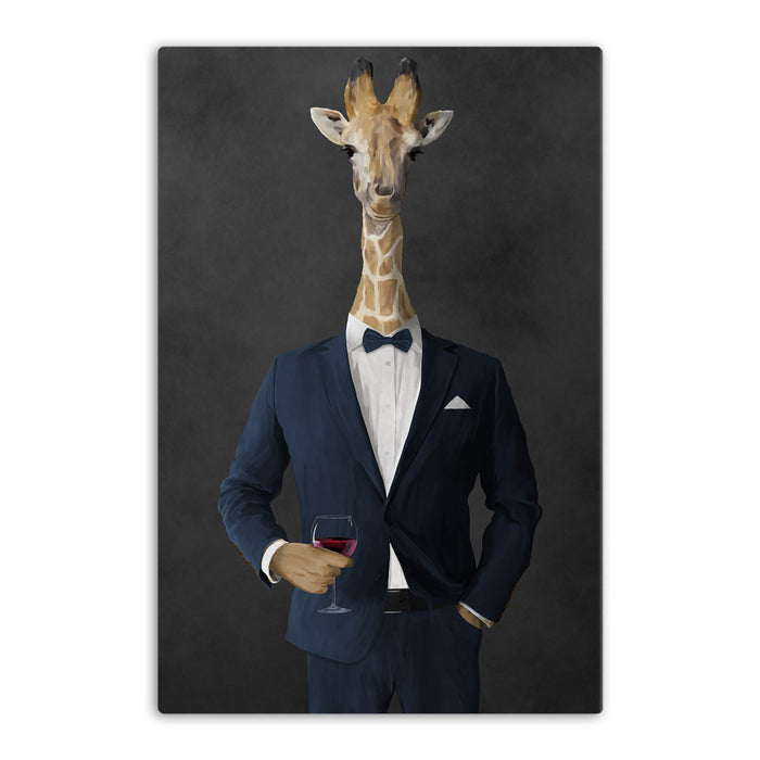 Giraffe drinking red wine wearing navy suit canvas wall art