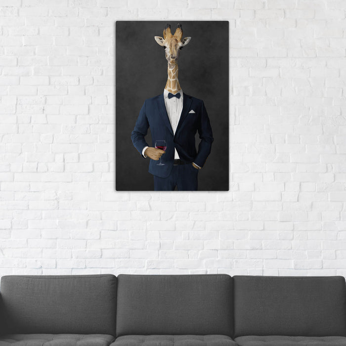 Giraffe Drinking Red Wine Wall Art - Navy Suit