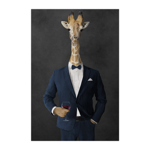 Giraffe drinking red wine wearing navy suit large wall art print