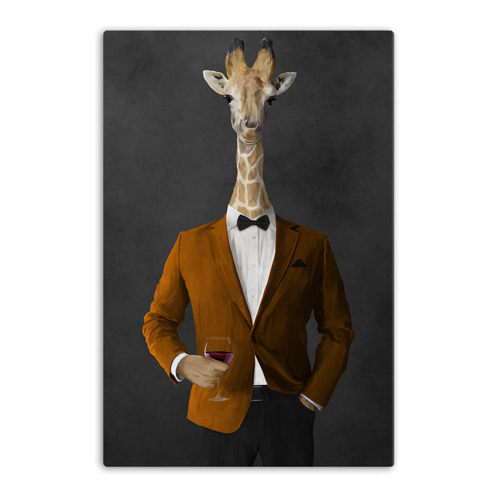 Giraffe drinking red wine wearing orange and black suit canvas wall art