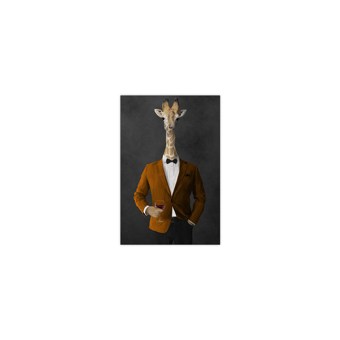 Giraffe drinking red wine wearing orange and black suit small wall art print