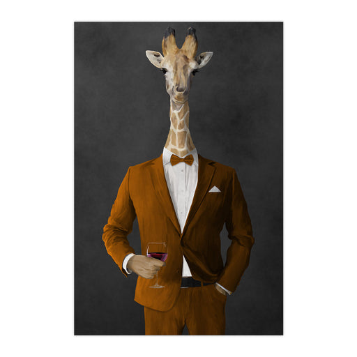 Giraffe drinking red wine wearing orange suit large wall art print