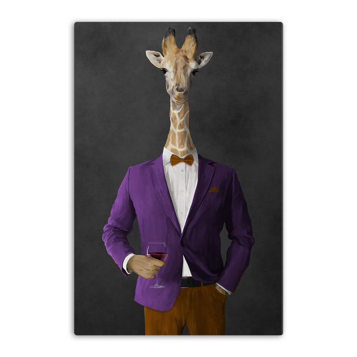 Giraffe drinking red wine wearing purple and orange suit canvas wall art