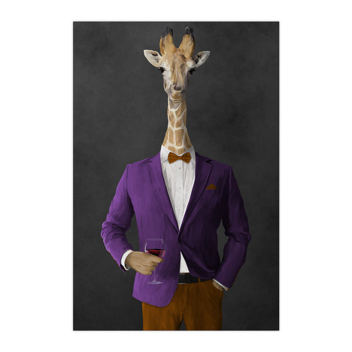 Giraffe drinking red wine wearing purple and orange suit large wall art print