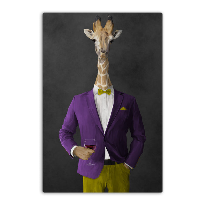 Giraffe drinking red wine wearing purple and yellow suit canvas wall art