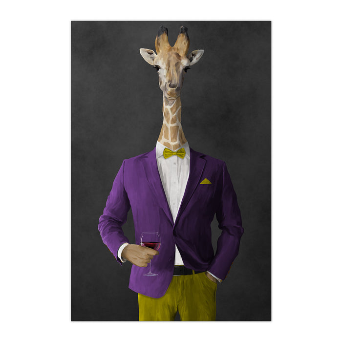 Giraffe drinking red wine wearing purple and yellow suit large wall art print