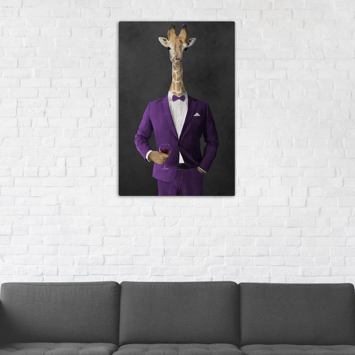 Giraffe Drinking Red Wine Wall Art - Purple Suit