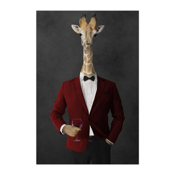 Giraffe drinking red wine wearing red and black suit large wall art print