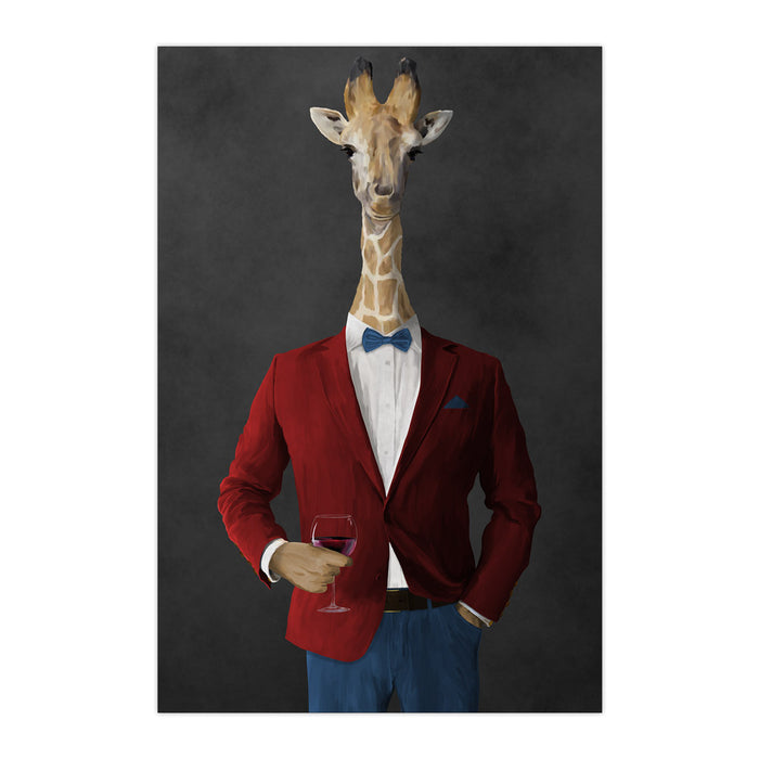 Giraffe drinking red wine wearing red and blue suit large wall art print