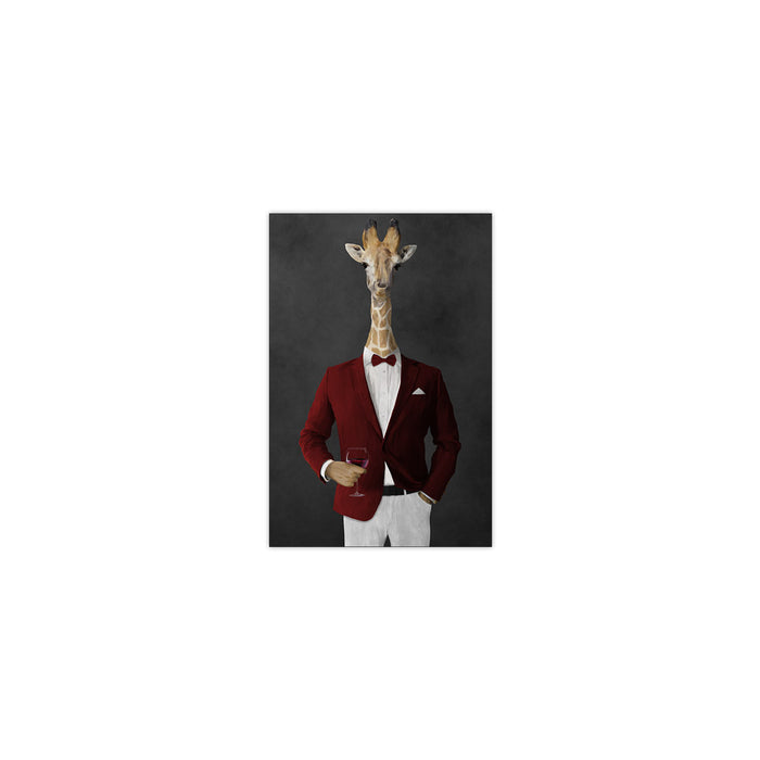 Giraffe drinking red wine wearing red and white suit small wall art print