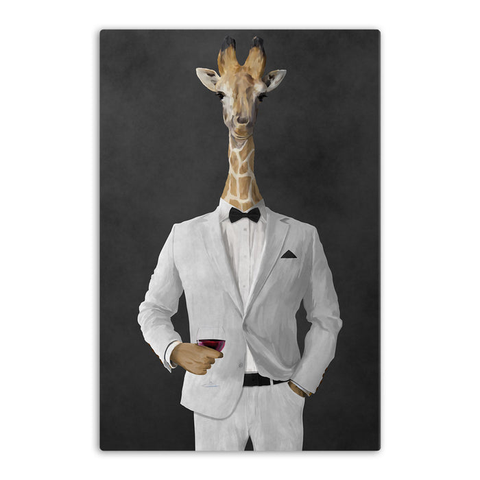 Giraffe drinking red wine wearing white suit canvas wall art