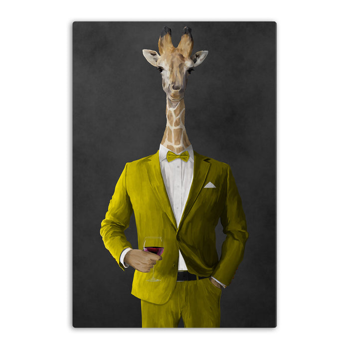 Giraffe drinking red wine wearing yellow suit canvas wall art