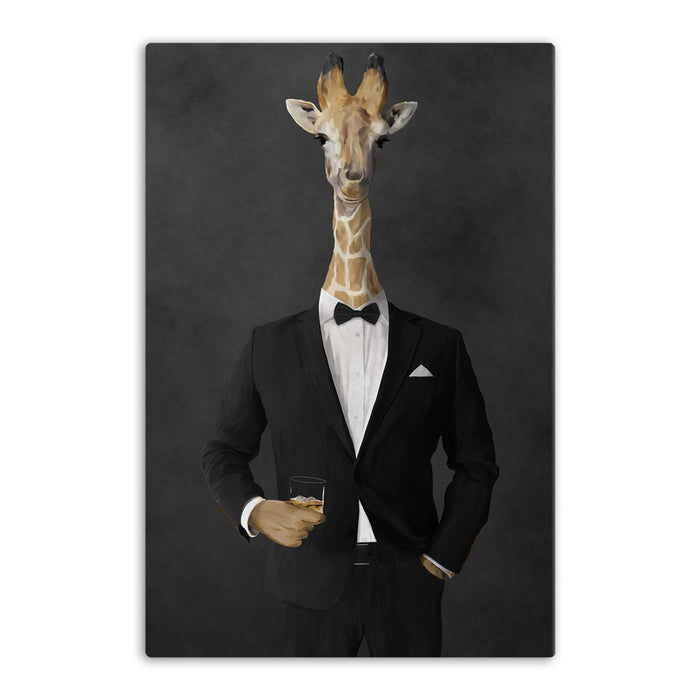 Giraffe drinking whiskey wearing black suit canvas wall art