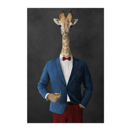 Giraffe drinking whiskey wearing blue and red suit large wall art print