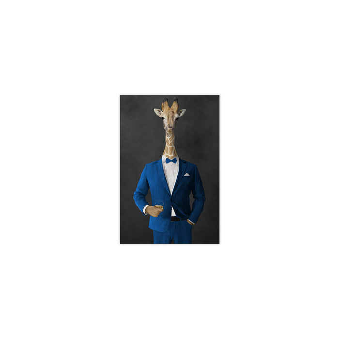 Giraffe drinking whiskey wearing blue suit small wall art print