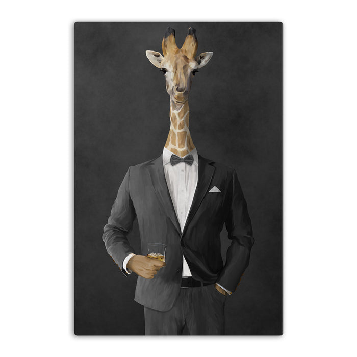 Giraffe drinking whiskey wearing gray suit canvas wall art