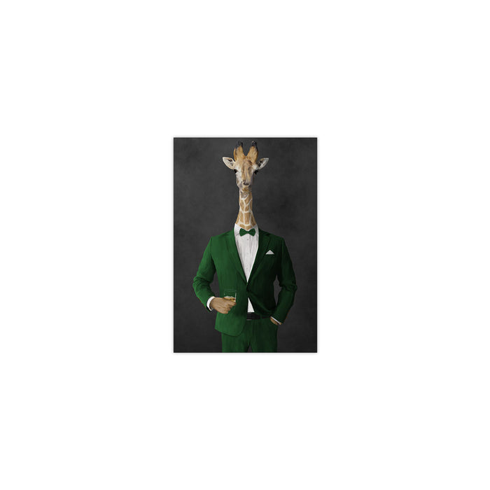Giraffe drinking whiskey wearing green suit small wall art print