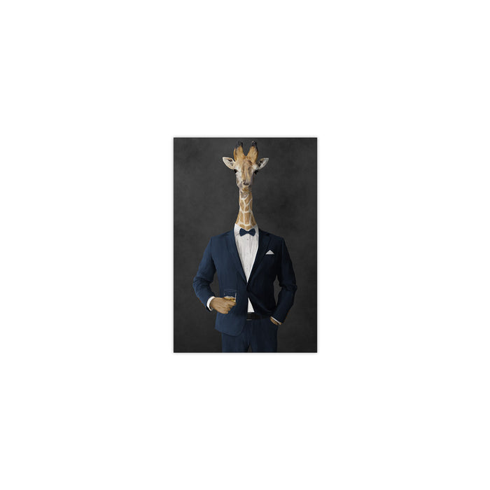 Giraffe drinking whiskey wearing navy suit small wall art print