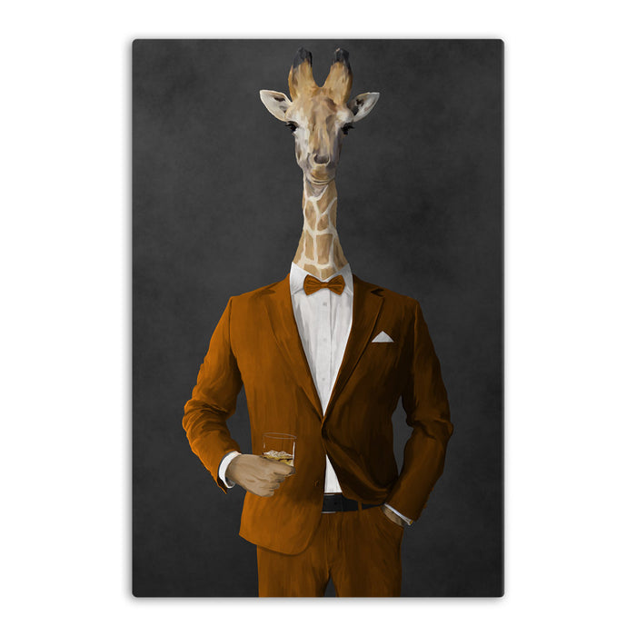 Giraffe drinking whiskey wearing orange suit canvas wall art