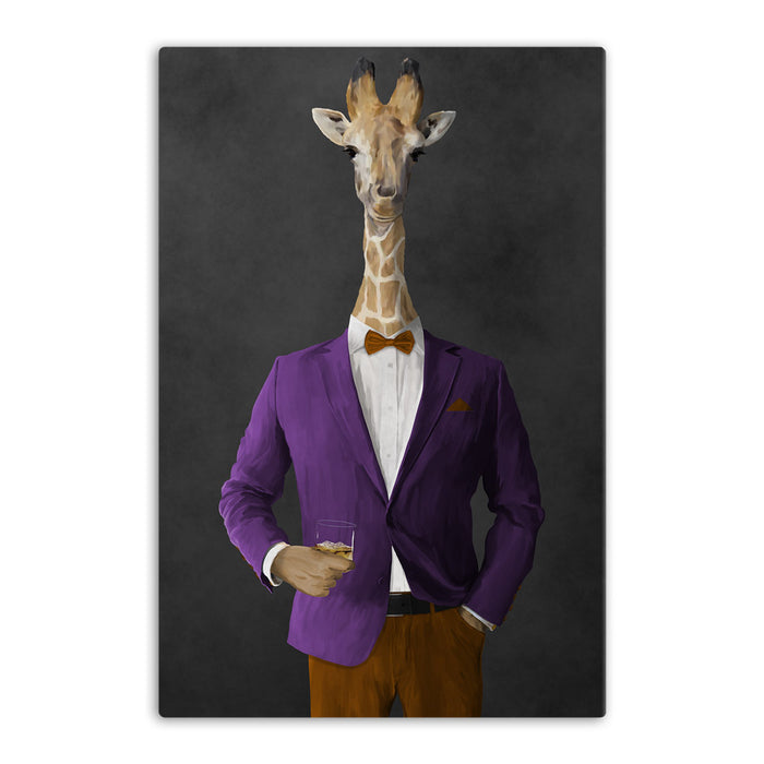 Giraffe drinking whiskey wearing purple and orange suit canvas wall art