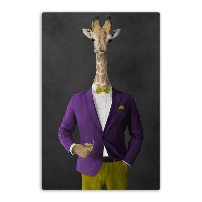 Giraffe drinking whiskey wearing purple and yellow suit canvas wall art