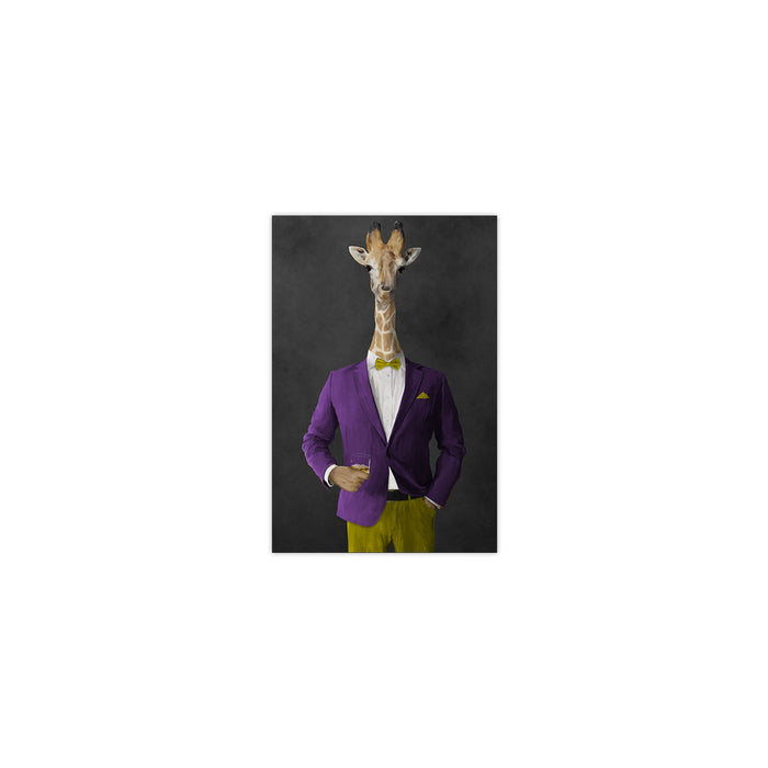 Giraffe drinking whiskey wearing purple and yellow suit small wall art print