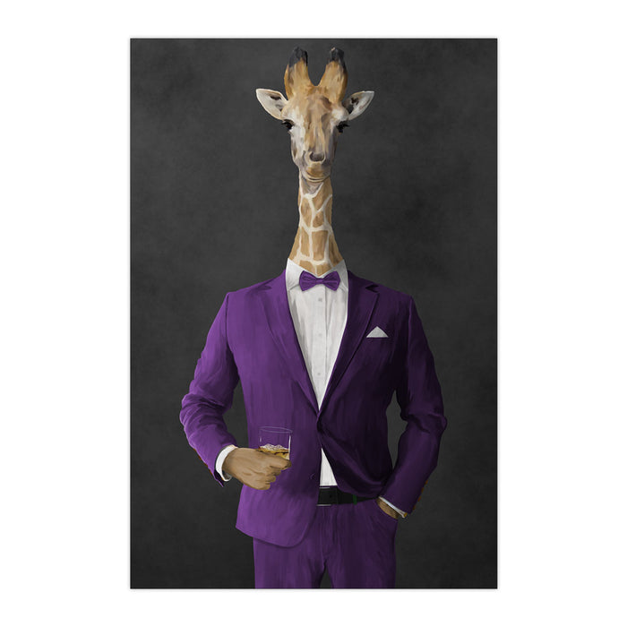 Giraffe drinking whiskey wearing purple suit large wall art print