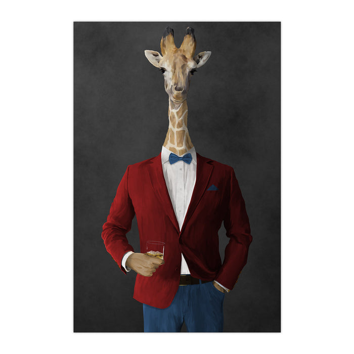 Giraffe drinking whiskey wearing red and blue suit large wall art print