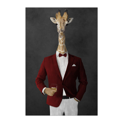 Giraffe drinking whiskey wearing red and white suit large wall art print
