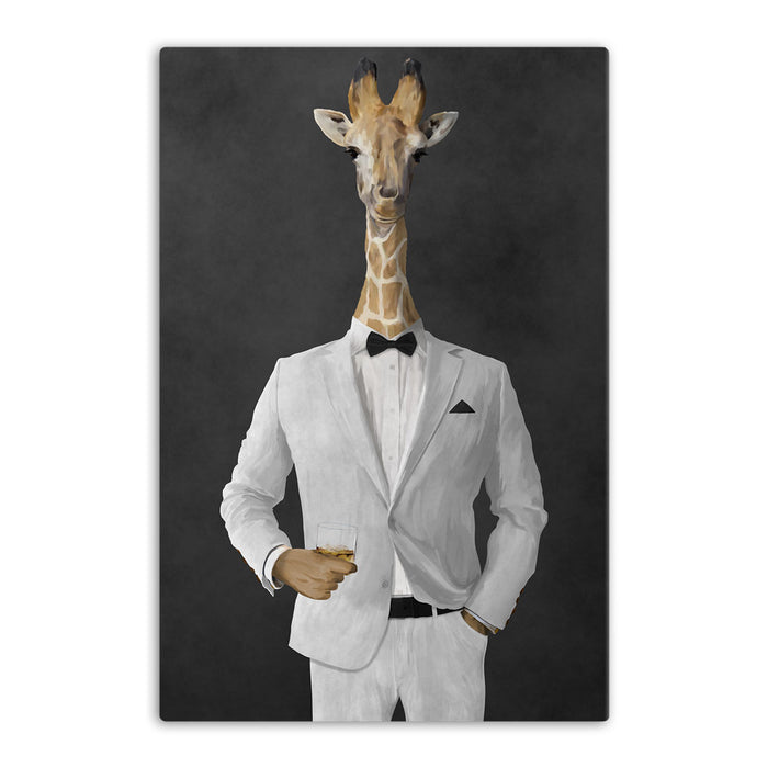 Giraffe drinking whiskey wearing white suit canvas wall art