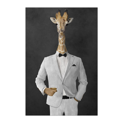 Giraffe drinking whiskey wearing white suit large wall art print