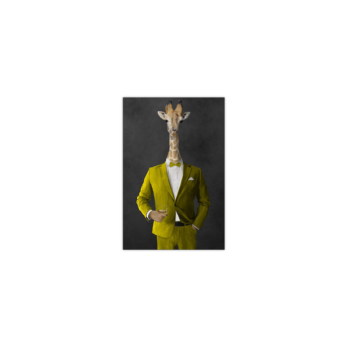 Giraffe drinking whiskey wearing yellow suit small wall art print