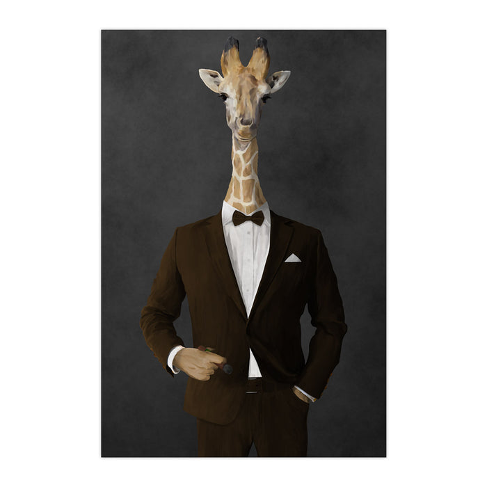 Giraffe smoking cigar wearing brown suit large wall art print