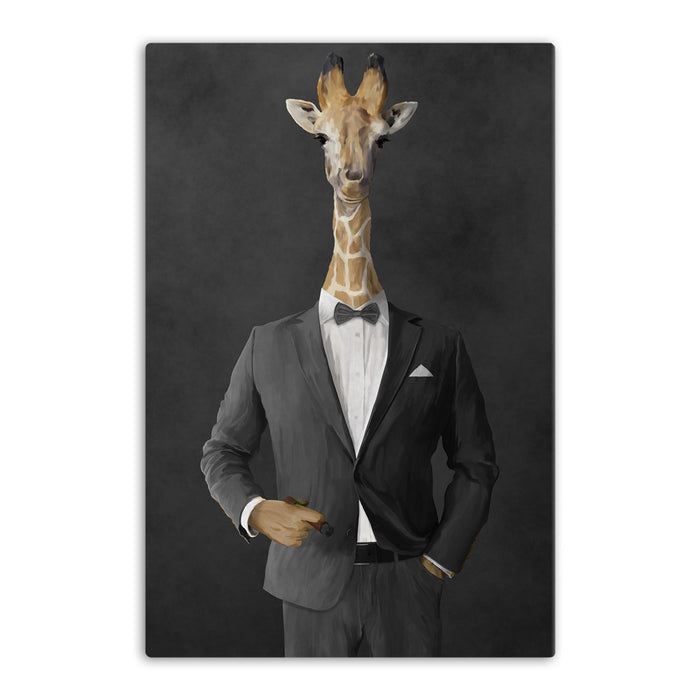 Giraffe smoking cigar wearing gray suit canvas wall art